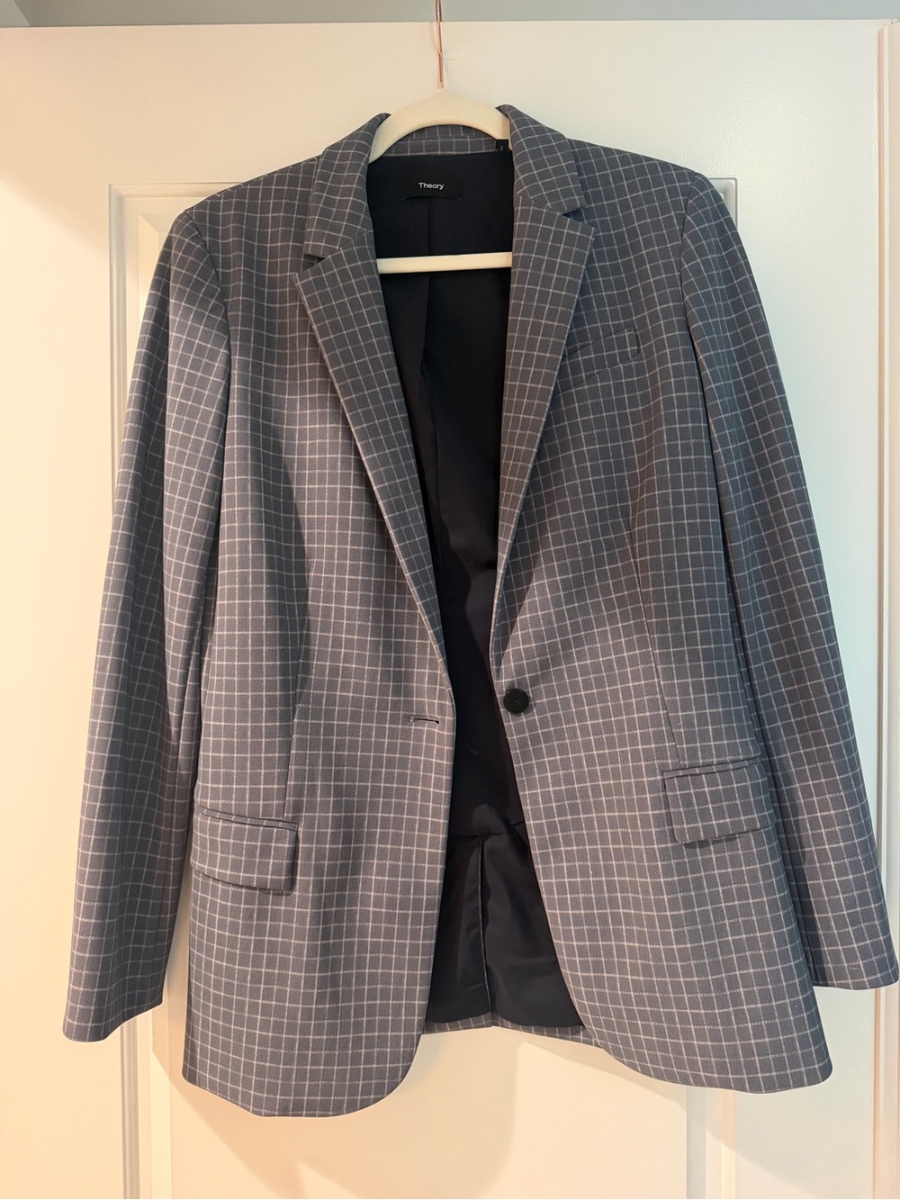 Theory Gray-Blue Windowpane Single-Button Stretch Blazer Sz 8